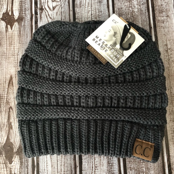Solid Dark Melange Gray Messy-bun, C.C beanie - Picture 2 of 4